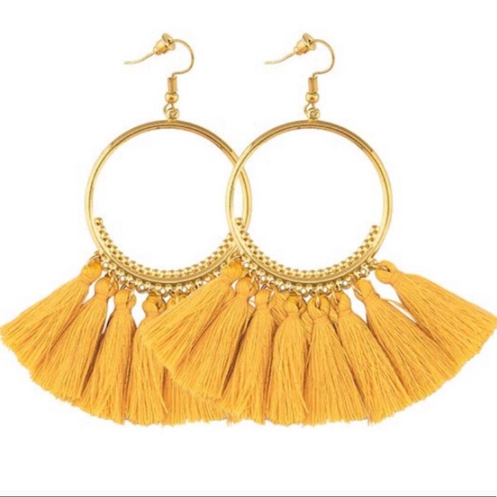 Francesca's Boho Mustard Yellow Tassel Hoop Earrings